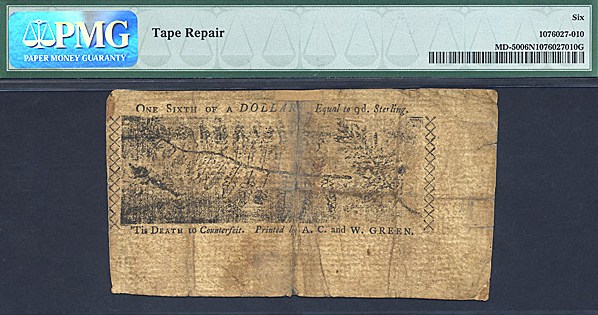 image for: Maryland: Fr.MD50 1770 $1/6 1-Mar PMG Net Good 6 [14805] - Tape Repair