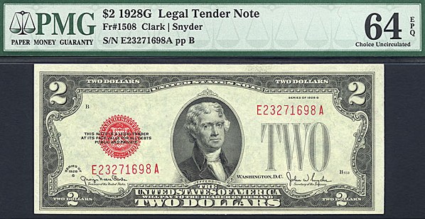 image for: Fr.1508 1928G $2  PMG Choice CU64 EPQ [E23271698A]