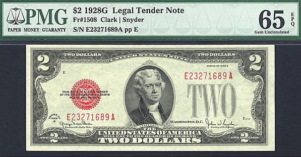 image for: Fr.1508 1928G $2  PMG Gem CU65 EPQ [E23271689A]