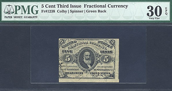 image for: Fractional Currency: Fr.1238  5-Cent Head of Spencer Clark. PMG VF30 EPQ - Pencil Annotation