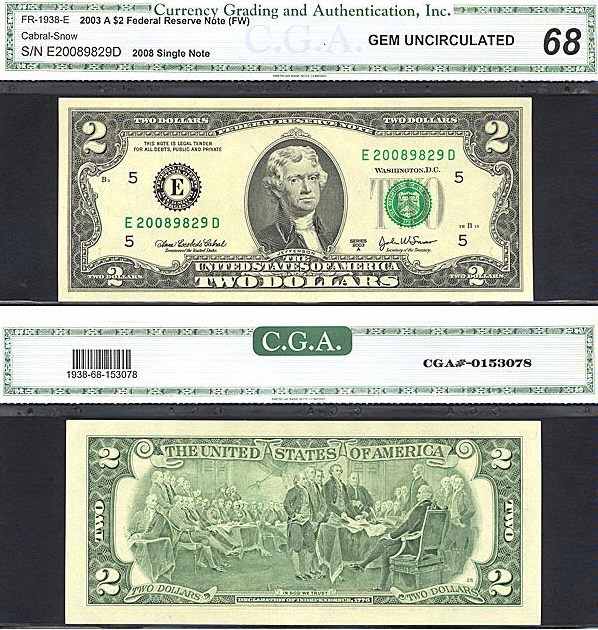 image for: Fr.1938E 2003 $2 Ft. Worth, TX CGA Gem CU68  [E20089829D]