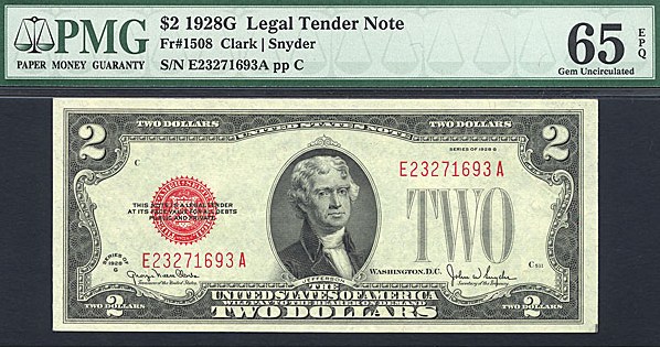 image for: Fr.1508 1928G $2  PMG Gem CU65 EPQ [E23271693A]