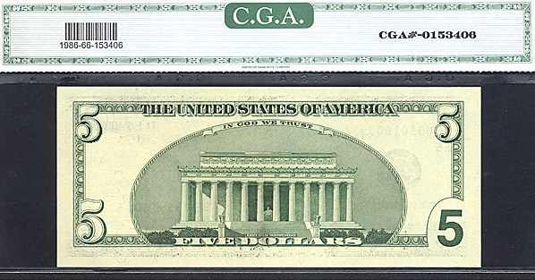 image for: Fr.1986E 1999 $5 Washington, DC CGA Gem CU66  [BE03301603] *Star* 