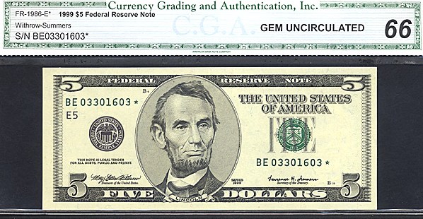 image for: Fr.1986E 1999 $5 Washington, DC CGA Gem CU66  [BE03301603] *Star* 