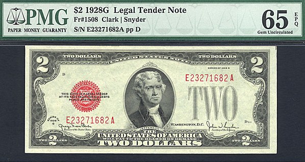 image for: Fr.1508 1928G $2  PMG Gem CU65 EPQ [E23271682A]
