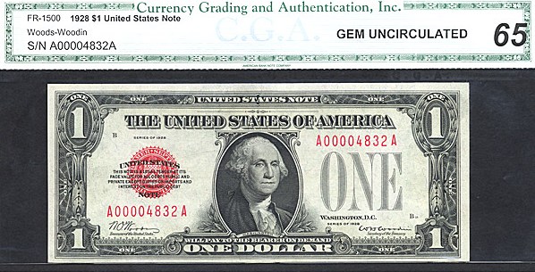 image for: Fr.1500 1928 $1  CGA Gem CU65  [A00004832A] *Four Digit Serial*