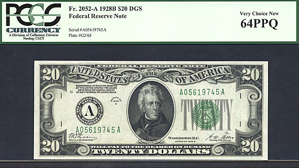 image for: Fr.2052A 1928B $20 PCGS Choice CU64 PPQ [A05619745A]