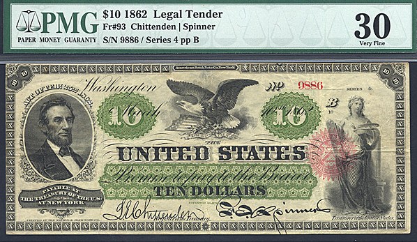 image for: Fr.93 1862 $10  PMG VF30  [9886]