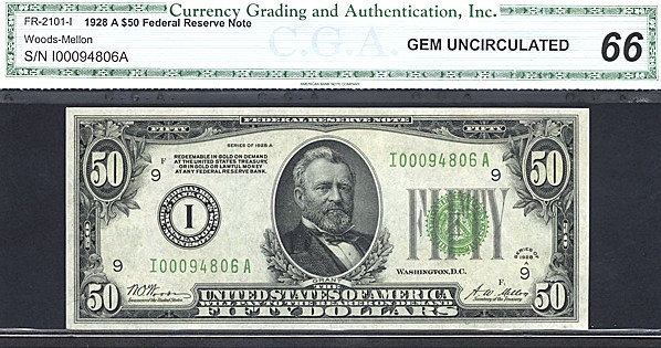 image for: Fr.2101I 1928A $50  CGA Gem CU66  [I00094806A]