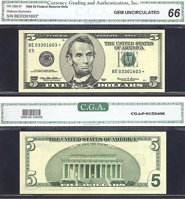 image for: Fr.1986E 1999 $5 Washington, DC CGA Gem CU66  [BE03301603] *Star* 