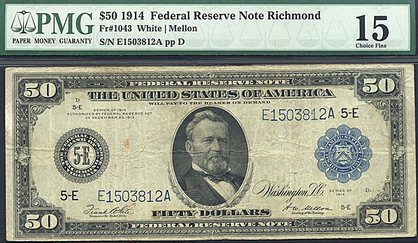 image for: Fr.1043 1914 $50 Blue Seal PMG F15  [E1503812A]