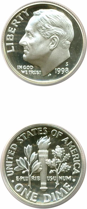 image for: 1998-S 10c Silver PCGS Proof 70 DCameo