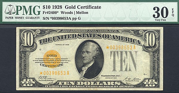 image for: Fr.2400 1928 $10 Gold Seal and Serial Numbers PMG VF30  [00398653A] *Star*