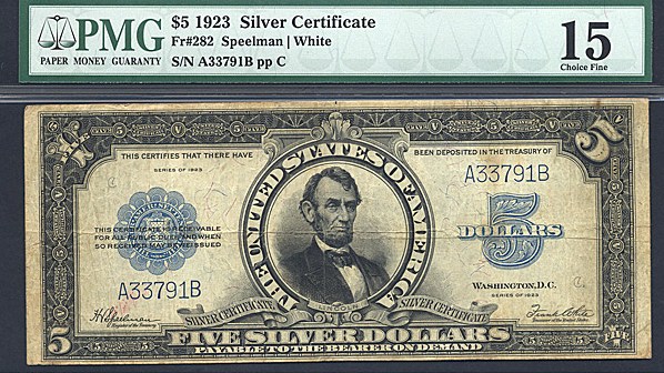 image for: Fr.282 1923 $5 Porthole PMG F15  [A33791B]