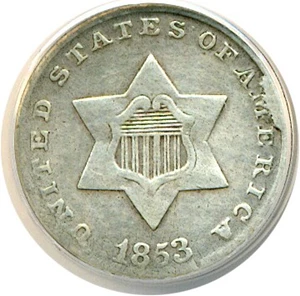 image for: 1853 3cS ANACS VF20 Details (Rim Cud, Cleaned)
