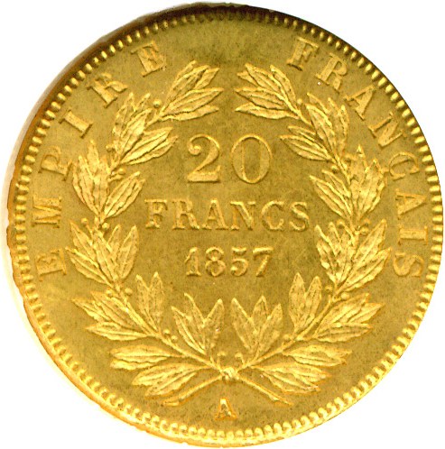 image for: France: 1857-A 20 Fr  NGC MS65  (KM-781.1)