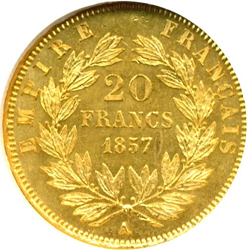 image for: France: 1857-A 20 Fr  NGC MS66  (KM-781.1)