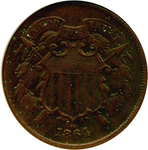 image for: 1864 2c Large Motto ANACS XF40 Details (Corroded)