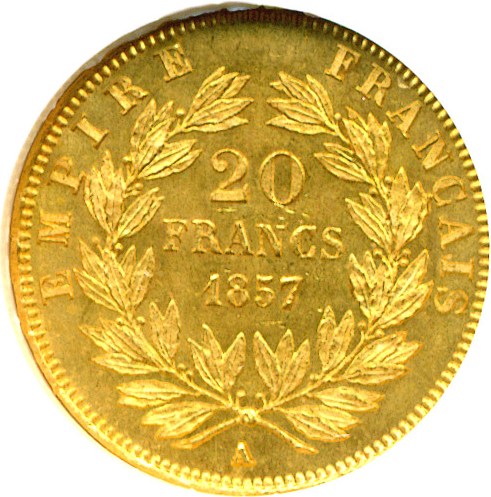 image for: France: 1857-A 20 Fr  NGC MS65  (KM-781.1)