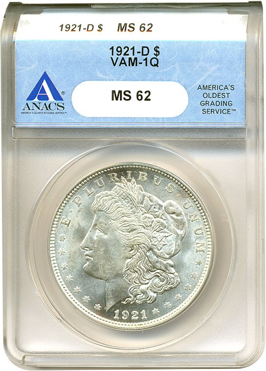 image for: 1921-D $1 VAM 1Q ANACS MS62
