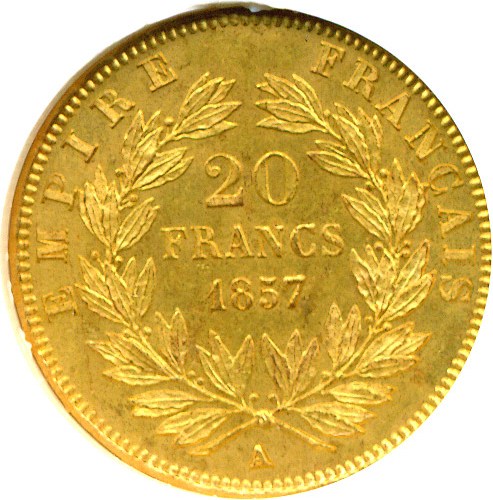 image for: France: 1857-A 20 Fr  NGC MS65  (KM-781.1)
