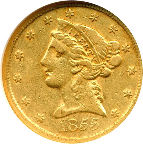 image for: 1855-S $5  NGC XF40 