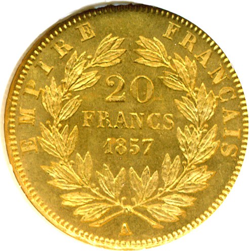image for: France: 1857-A 20 Fr  NGC MS65  (KM-781.1)
