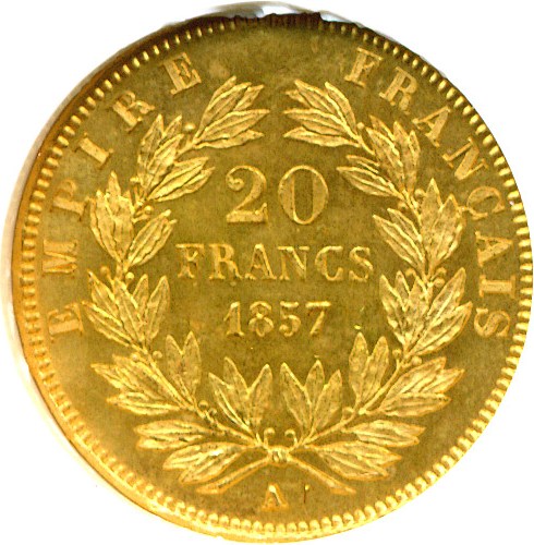 image for: France: 1857-A 20 Fr  NGC MS63  (KM-781.1)