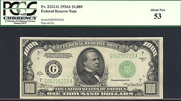 image for: Fr.2212G 1934A $1,000  PCGS AU53  [G00255223A]