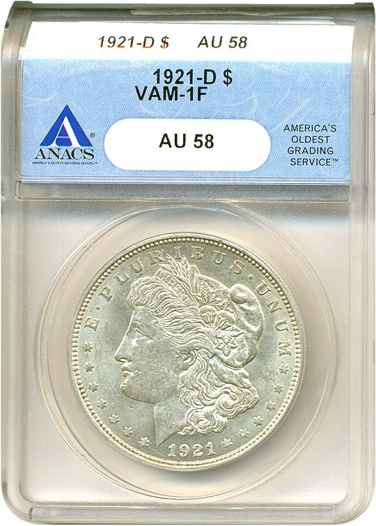 image for: 1921-D $1 VAM 1F ANACS AU58