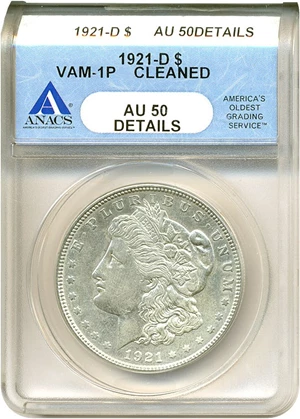 image for: 1921-D $1 VAM 1P ANACS AU50 Details (Cleaned)