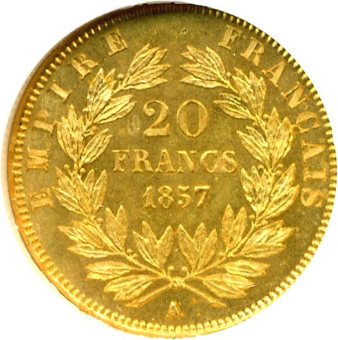 image for: France: 1857-A 20 Fr  NGC MS65  (KM-781.1)