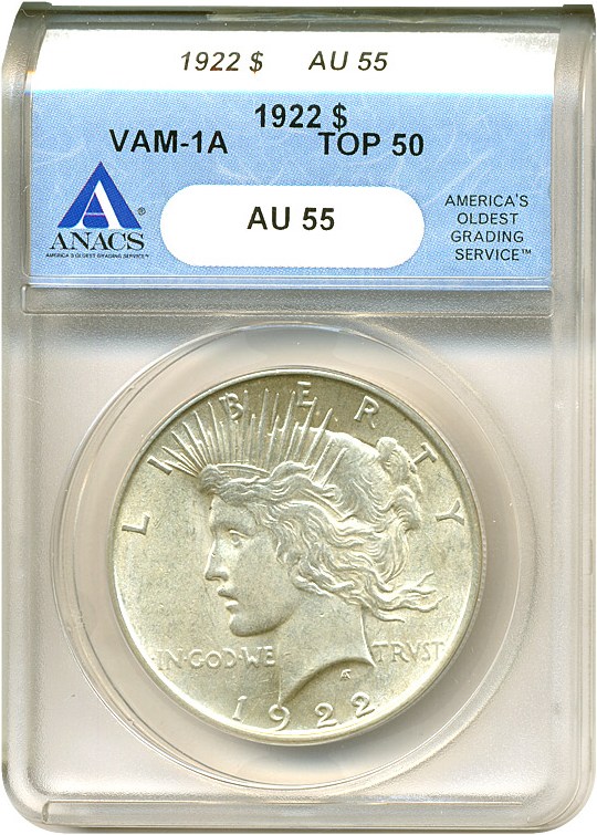 image for: Top 50 VAM: 1922 $1 VAM 1A  Line in Tiara ANACS AU55 