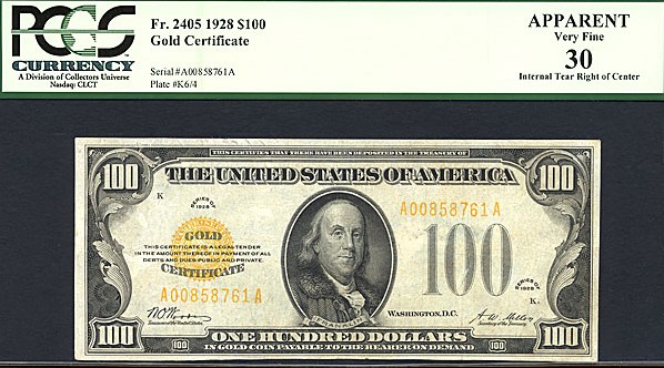 image for: Fr.2405 1928 $100 Gold Seal and Serial Numbers PCGS Apparent VF30  [A00858761A] 