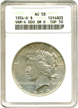image for: Top 50 VAM: 1934-D $1 VAM 4 DD Obv Sm D ANACS AU58