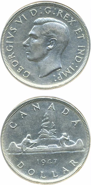 image for: Canada: 1947 $1 DGS XF40 Pointed 7 - Dot (Cleaned)