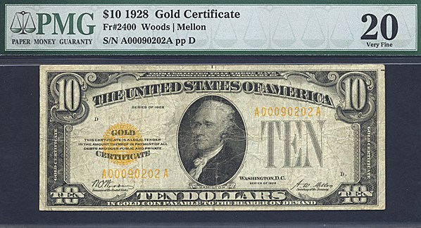 image for: Fr.2400 1928 $10 Gold Seal and Serial Numbers PMG VF20  [A00090202A]