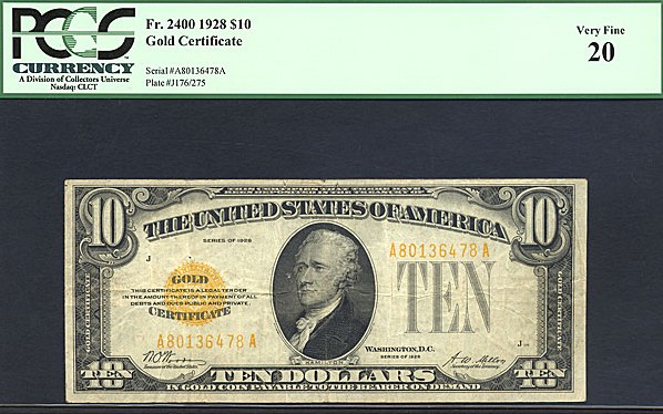 image for: Fr.2400 1928 $10 Gold Seal and Serial Numbers PCGS VF20  [A80136478A]