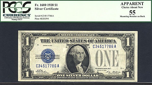 image for: Fr.1600 1928 $1  PCGS Apparent AU55  [C34517786A]  (Mounting Residue on Back)