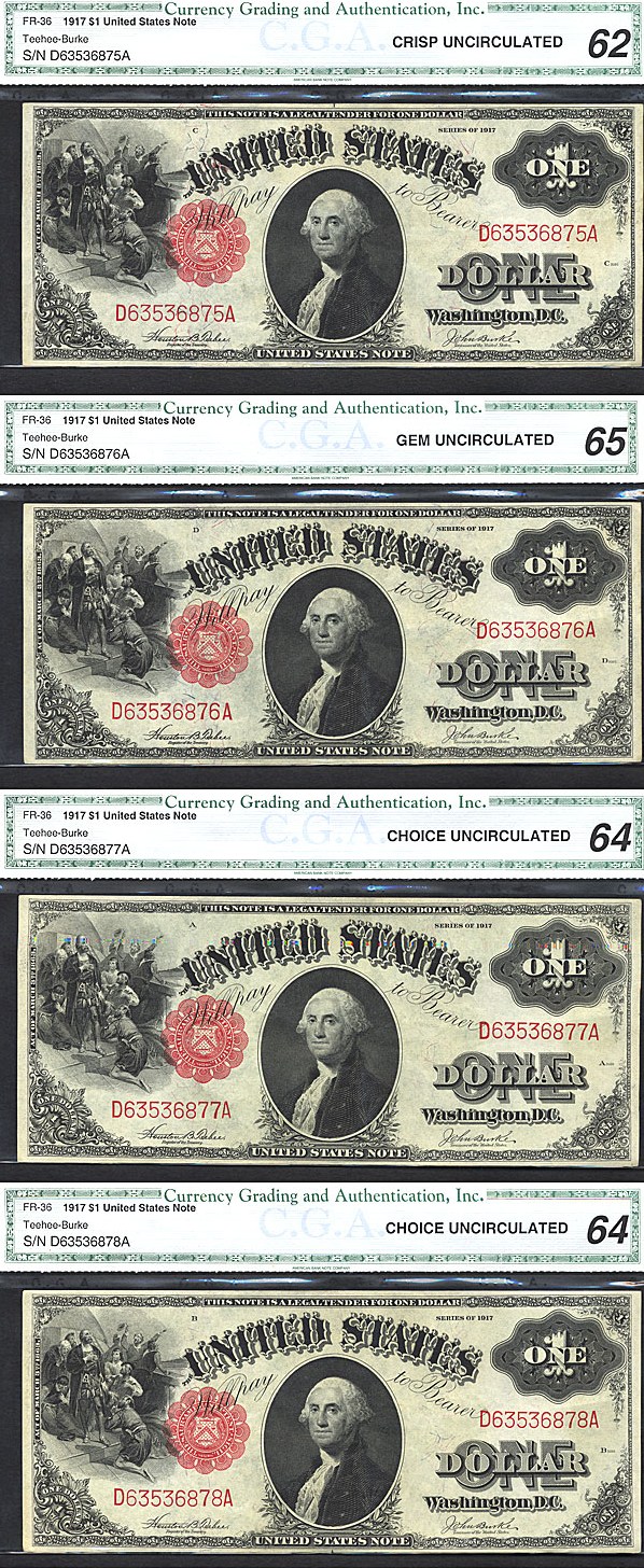 image for: Fr.36 1917 $1 Sawhorse CGA CU62,64,64,65  [D63536875-78A] *Four Consecutive Notes*