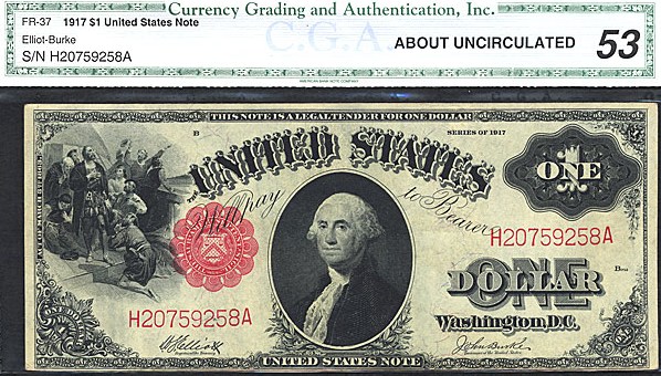 image for: Fr.37 1917 $1 Sawhorse CGA AU53  [H20759258A]