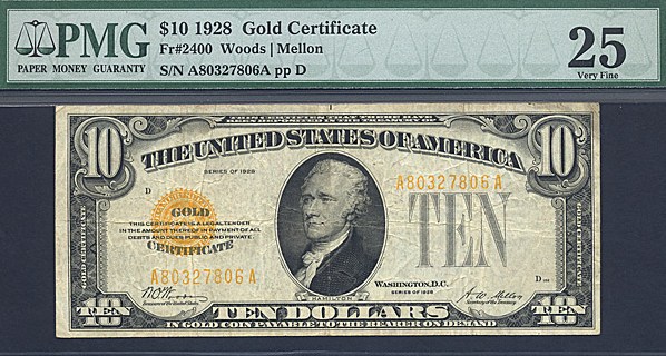 image for: Fr.2400 1928 $10 Gold Seal and Serial Numbers PMG VF25  [A80327806A]