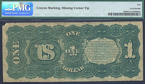 image for: Fr.18 1869 $1  PMG Net VG10  [K7214087] (Missing Corner Tip, Crayon Marking)