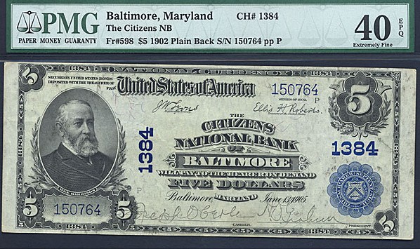 image for: Fr.598 1902 $5 Third Charter Period, 3rd Issue, Plain Back PMG XF40 #1384 Maryland [150764]