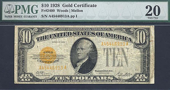 image for: Fr.2400 1928 $10 Gold Seal and Serial Numbers PMG VF20  [A45446913A]