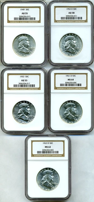 image for: 5pc Franklin Half Dollar Group - 1949, 52-D, 53, 61-D, 63-D NGC AU53-MS64