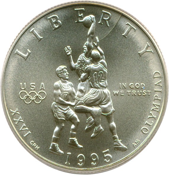 image for: Mint Error: 1995-S 50c Basketball PCGS MS69  -Obverse Die Crack @ 1:00