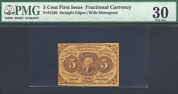 image for: Fractional Currency: Fr.1230  5-Cent Jefferson postage stamp obverse. PMG VF30 