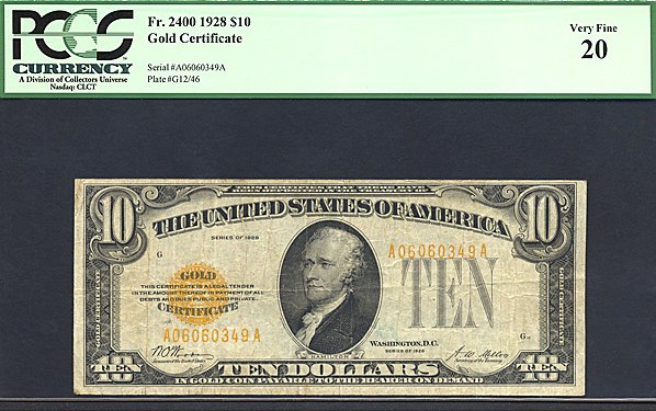 image for: Fr.2400 1928 $10 Gold Seal and Serial Numbers PCGS VF20  [A06060349A]