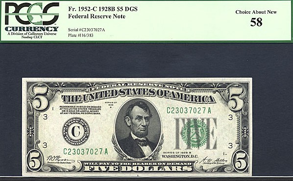 image for: Fr.1952C 1928B $5  PCGS AU58  [C23037027A]